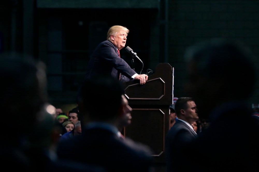 Republican presidential candidate Donald Trump speaks during a rally at Macomb Community College, March 4, 2016, in Warren, Mich. (Photo by Carlos Osorio/AP)