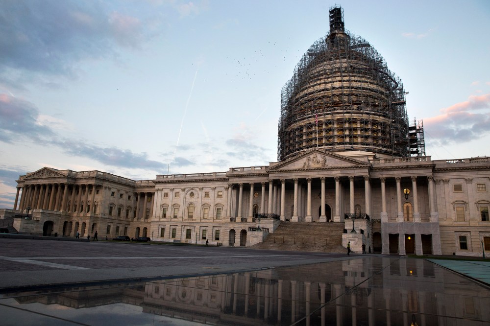 A flock of birds flies over the House side of the Capitol in the early morning in Washington, D.C., Oct. 8, 2015. (Photo by Jacquelyn Martin/AP)