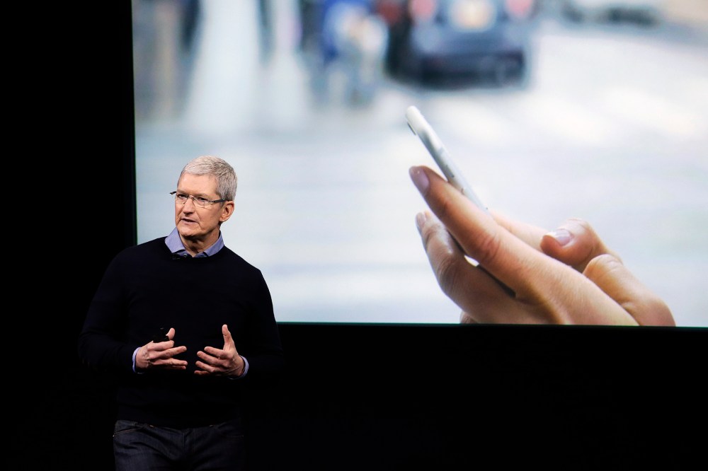 Apple CEO Tim Cook speaks at an event to announce new products at Apple headquarters, March 21, 2016, in Cupertino, Calif. (Photo by Marcio Jose Sanchez/AP)