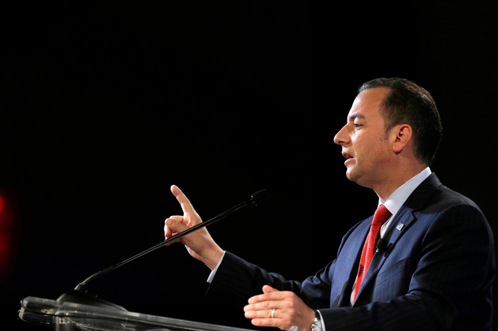 Chairman of the Republican National Committee Reince Priebus addresses an audience at an event, July 31, 2014, in Boston. (Photo by Steven Senne/AP)