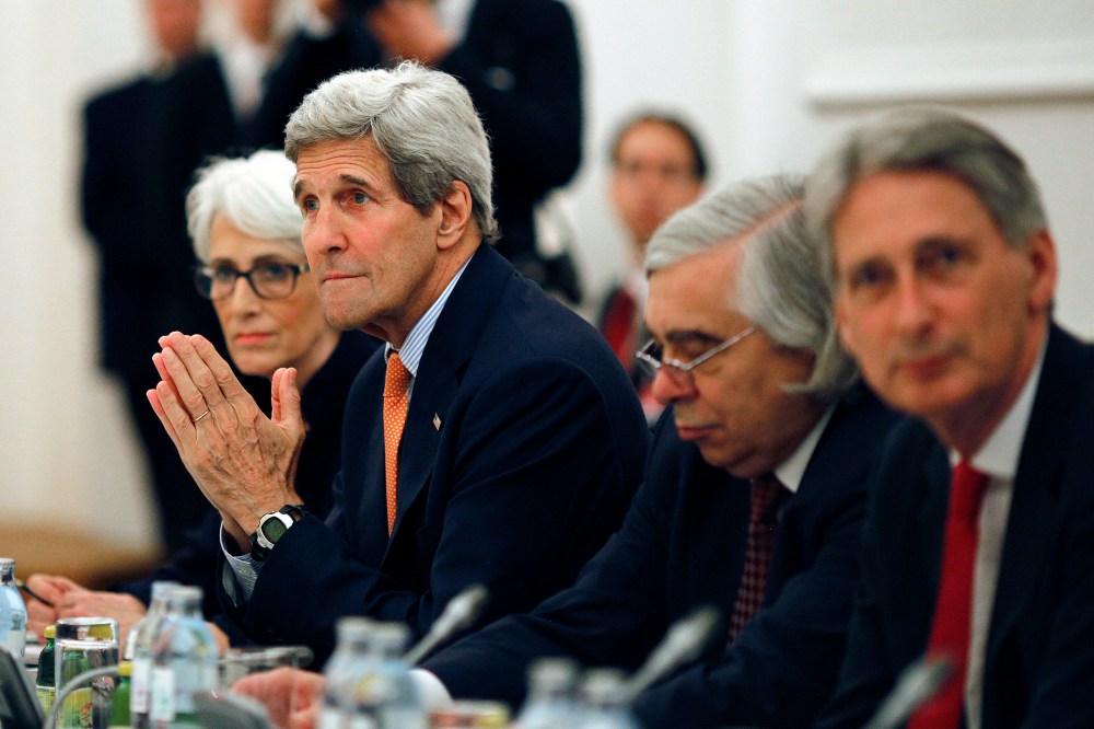 U.S. Secretary of State John Kerry meets with foreign ministers of Germany, France, China, Britain, Russia and the European Union at a hotel in Vienna, Austria on July 7, 2015. (Photo by Carlos Barria/Pool/AP)
