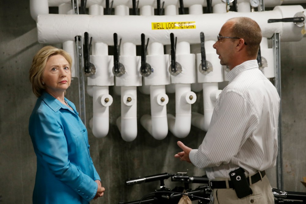 Democratic presidential candidate Hillary Rodham Clinton tours the Des Moines Area Rapid Transit Central Station (Photo by Charlie Neibergall/AP).