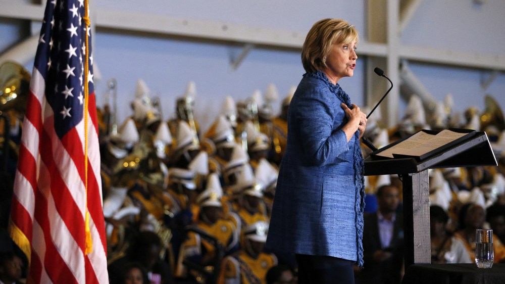 Democratic presidential candidate Hillary Rodham Clinton speaks during a campaign stop in Baton Rouge, La., Sept. 21, 2015. (Photo by Jonathan Bachman/AP)