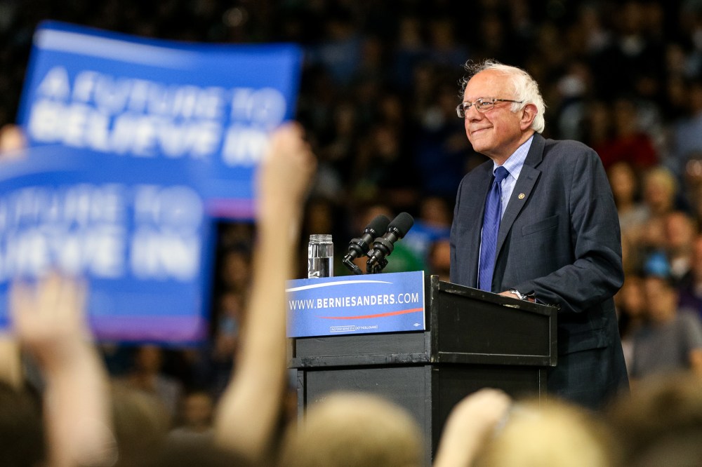 Democratic presidential candidate Bernie Sanders speaks during a rally on April 26, 2016, Huntington, W. Va. (Photo by Sholten Singer/The Herald Dispatch/AP)