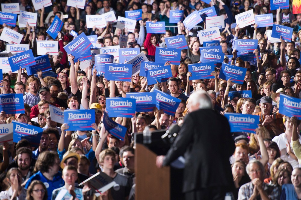 Democratic presidential candidate, Sen. Bernie Sanders speaks to supporters during a campaign rally at Prince William Fairground in Manassas, Va., Sept. 14, 2015. (Photo by Cliff Owen/AP)