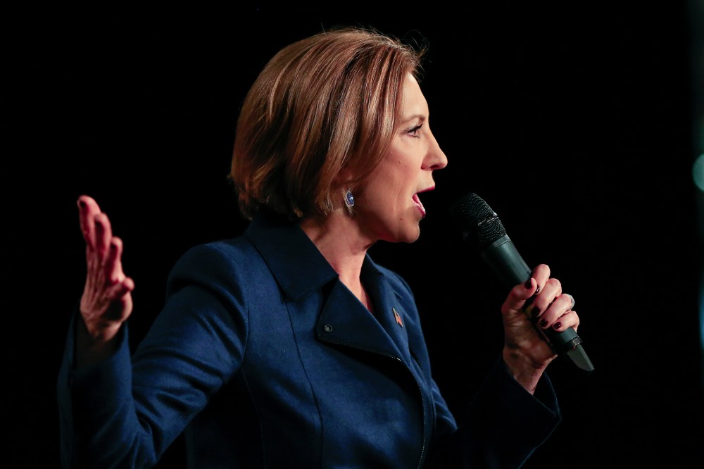 Republican presidential candidate Carly Fiorina speaks at the Iowa GOP's Growth and Opportunity Party at the Iowa state fair grounds in Des Moines, Iowa, Oct. 31, 2015. (Photo by Nati Harnik/AP)
