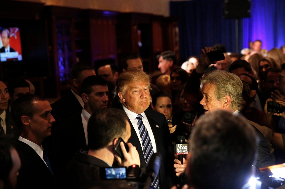 Republican presidential candidate Donald Trump speaks to the media after a news conference, March 5, 2016, in West Palm Beach, Fla. (Photo by Brynn Anderson/AP)