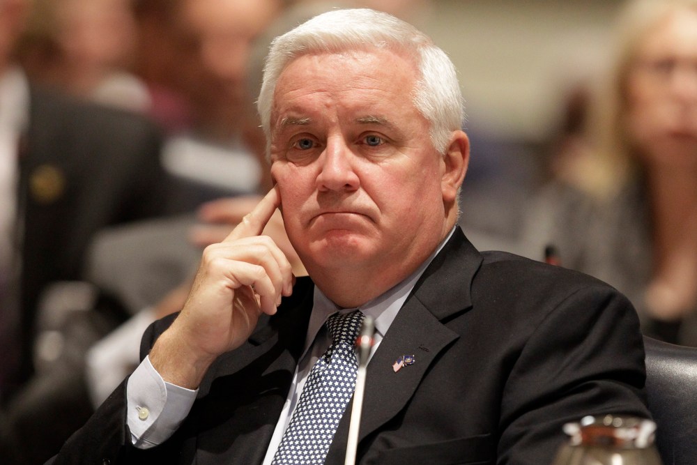 Pennsylvania Gov. Tom Corbett listens during a meeting of the Penn State University Board of Trustees in State College, Pa., Friday, Nov. 11, 2011.