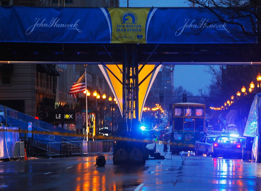 Image: A bag sits on the road near the finish line of the Boston Marathon, in Boston