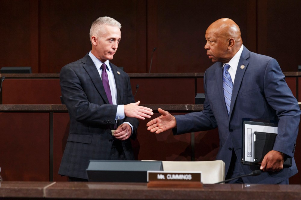 Rep. Trey Gowdy and Rep. Elijah Cummings arrive as the panel holds its first public hearing to investigate the 2012 attacks on the U.S. consulate in Benghazi, Libya, Sept. 17, 2014.
