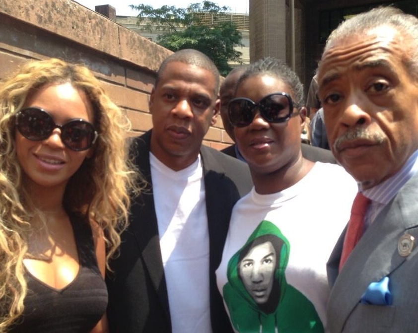 Beyonce, Jay Z, Trayvon Martin's mother Sybrina Fulton, and Rev. Al Sharpton at a "Justice for Trayvon" vigil in New York City, July 20, 2013. (Photo from Al Sharpton via twitter)