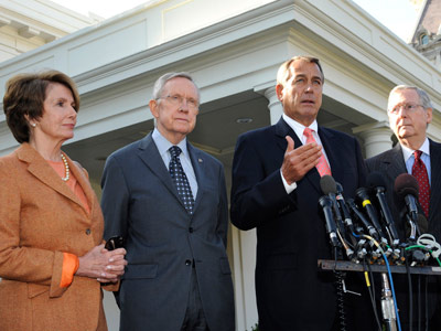 House Minority Leader Nancy Pelosi, Senate Majority Leader Harry Reid, Speaker of the House John Boehner and Senate Minority Leader Mitch McConnell speak to reporters at the White House on Friday, Nov. 16, 2012 (Roger Wollenberg/Getty Images)