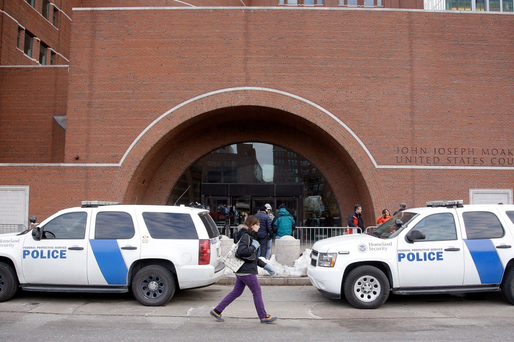Homeland Security vehicles are staged outside the main doors of the federal courthouse on March 9, 2015, in Boston, during the federal death penalty trial of Dzhokhar Tsarnaev.