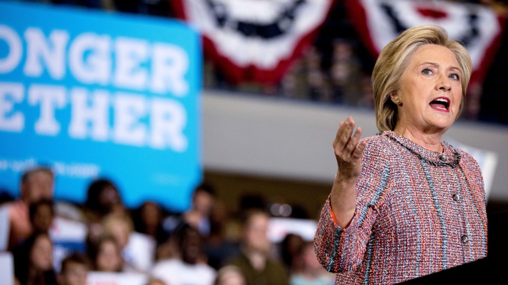 Democratic presidential candidate Hillary Clinton speaks at a rally at University of North Carolina, Sept. 15, 2016, in Greensboro, N.C. (Photo by Andrew Harnik/AP)