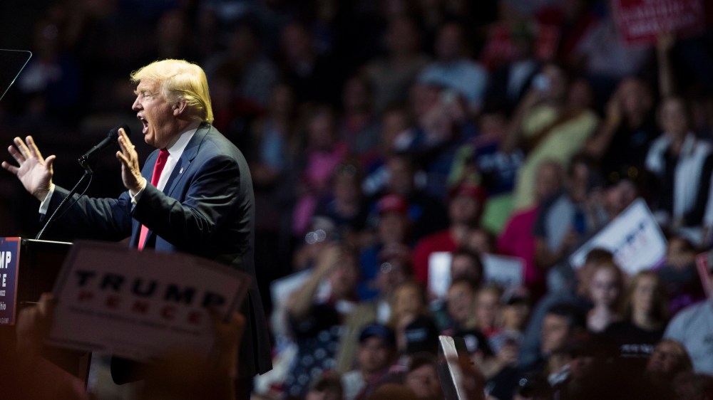 Republican presidential candidate Donald Trump speaks during a campaign rally, Oct. 13, 2016, in Cincinnati, Ohio. (Photo by Evan Vucci/AP)
