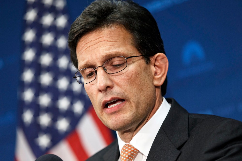 House Majority Leader Eric Cantor tells reporters he intends to resign his leadership post at the end of July,  June 11, 2014.