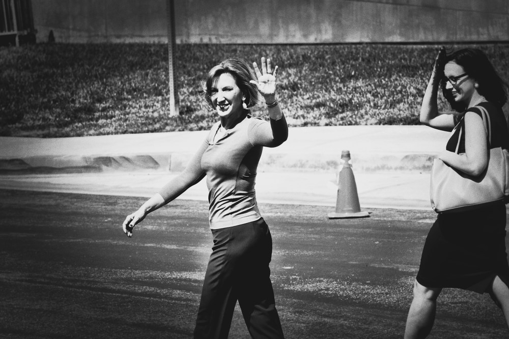 Carly Fiorina waves to reporters as she arrives at the Ronald Reagan Presidential Library and Museum, Sept. 16, 2015, in Simi Valley, Calif. (Photo by Mark Peterson/Redux for MSNBC)