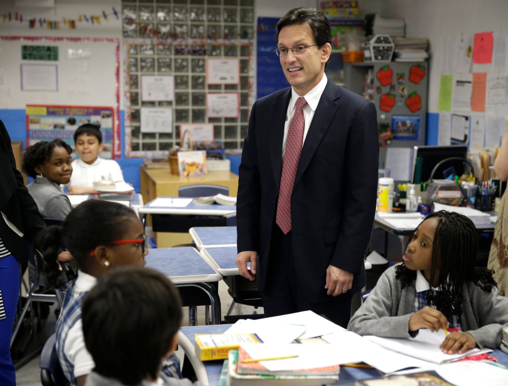 House Majority Leader Eric Cantor visits with students in New York, Monday, May 12, 2014.