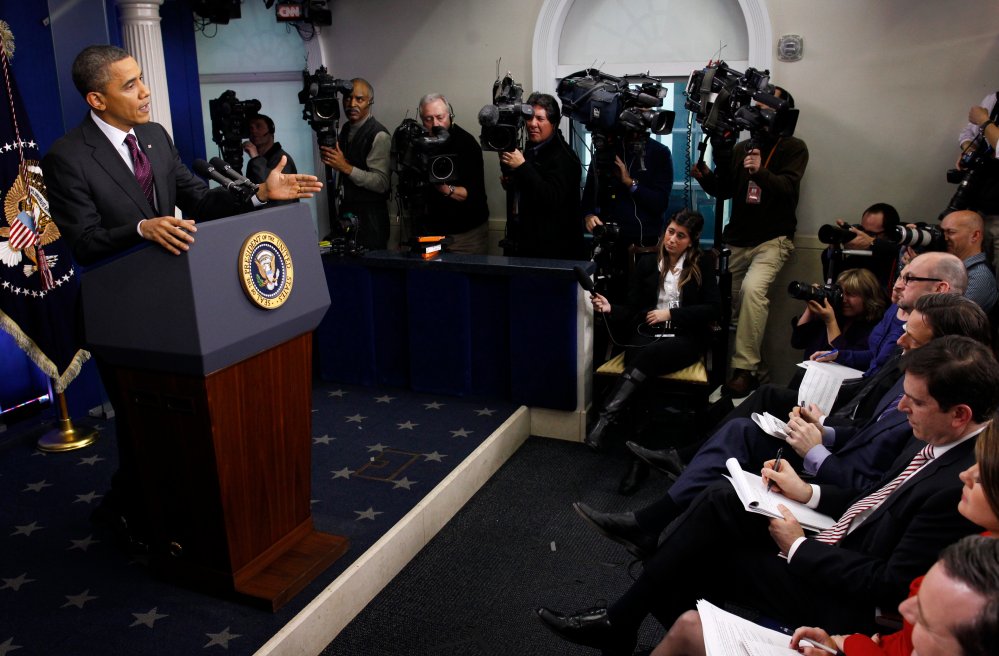 President Obama speaks during a news conference in the James Brady Press Briefing Room of the White House in Washington, Tuesday, March 6, 2012.