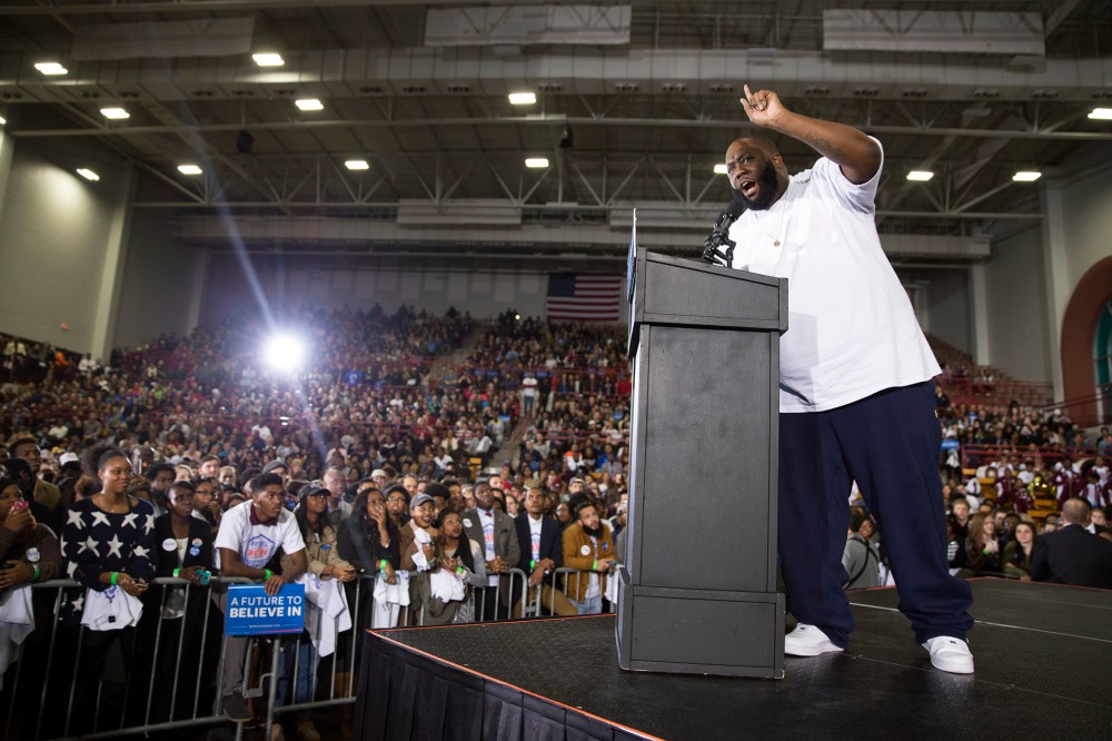 Hip Hop artist and activist Killer Mike speaks during a rally with Democratic presidential candidate Sen. Bernie Sanders, I-Vt., at Morehouse College, on Feb. 16, 2016, in Atlanta, Ga. (Photo by Evan Vucci/AP)