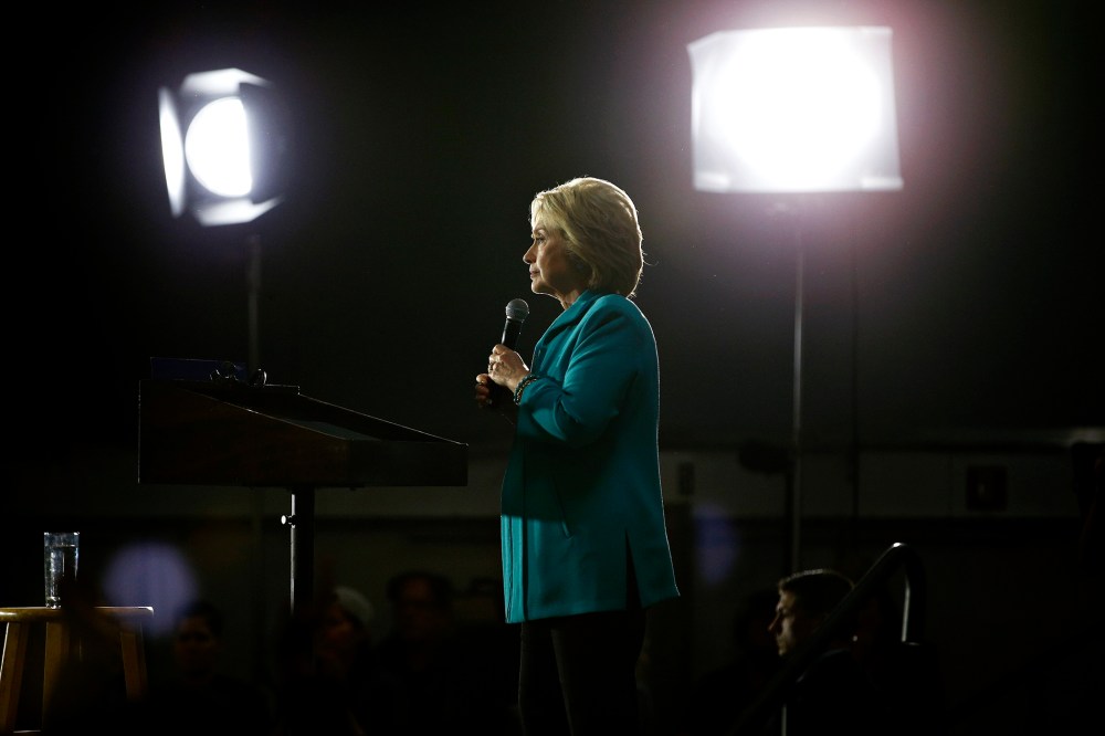 Democratic presidential candidate Hillary Clinton speaks at an International Brotherhood of Electrical Workers training center, May 24, 2016, in Commerce, Calif. (Photo by John Locher/AP)