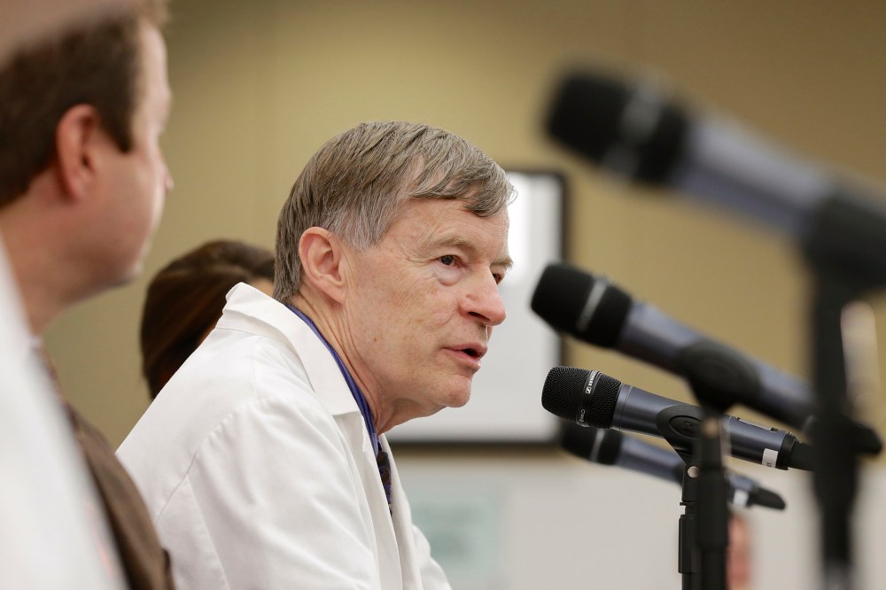 Dr. Phil Smith, medical director of the Nebraska Biocontainment Care Unit, answers a question during a news conference in Omaha, Neb. on Nov. 17, 2014, on the death of Dr. Martin Salia. (Nati Harnik/AP)