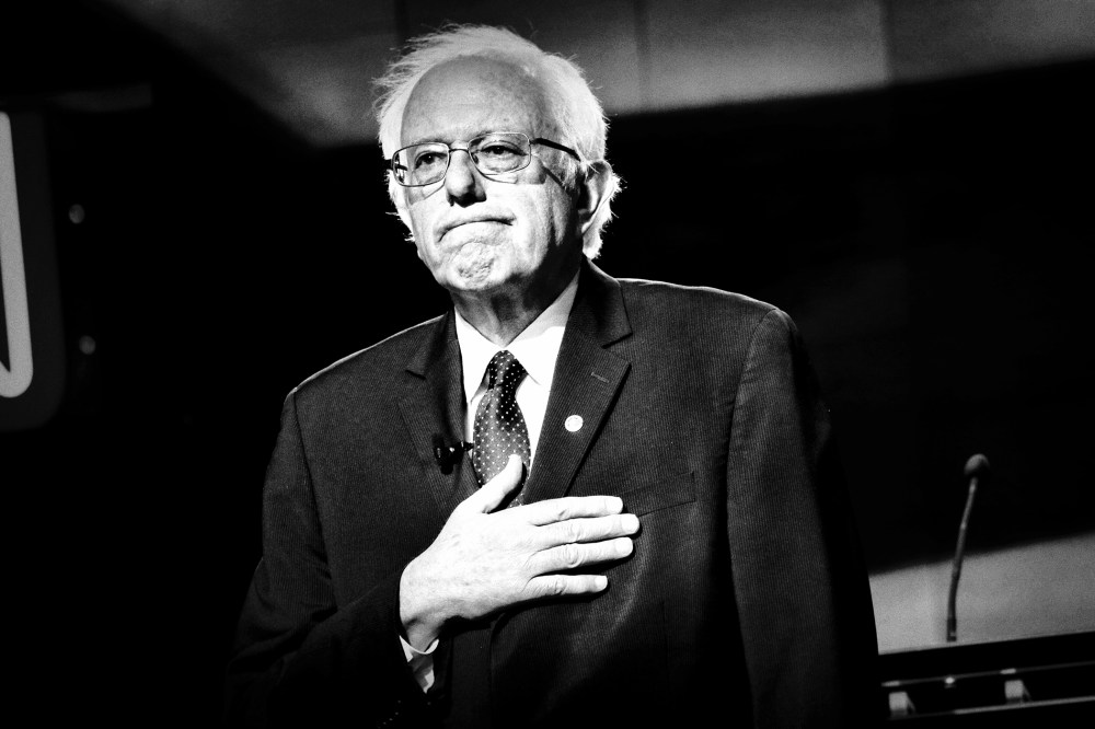 Bernie Sanders listens to the national anthem at the CNN Debate between Hillary Clinton and himself at the Navy Yard in Brooklyn, N.Y., April 14, 2016. (Photo by Mark Peterson/Redux for MSNBC)