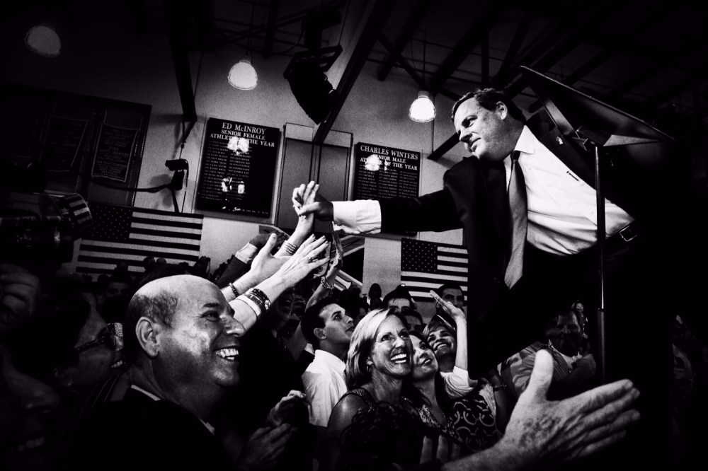 New Jersey Gov. Chris Christie greets supporters during an event announcing that he will seek the Republican nomination for president, June 30, 2015, at Livingston High School in Livingston, N.J. (Photo by Mark Peterson/Redux for MSNBC)