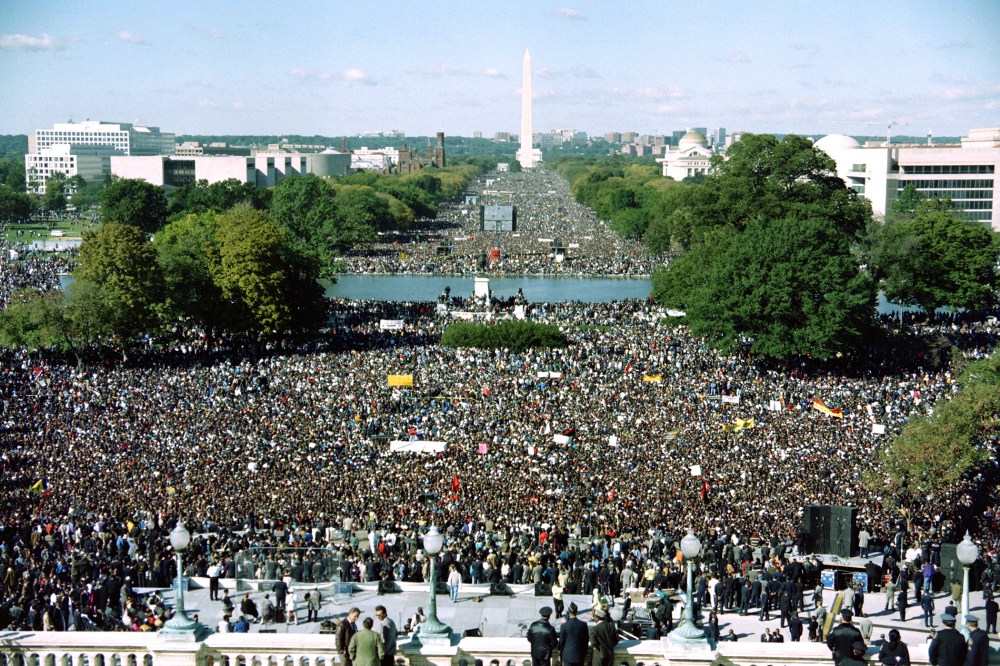 This photograph taken from the U.S. Capitol Building shows thousands of people gathered on the Mall during the "Million Man March" in Washington D.C., on Oct. 16, 1995. (Photo by Richard Ellis/AFP/Getty)