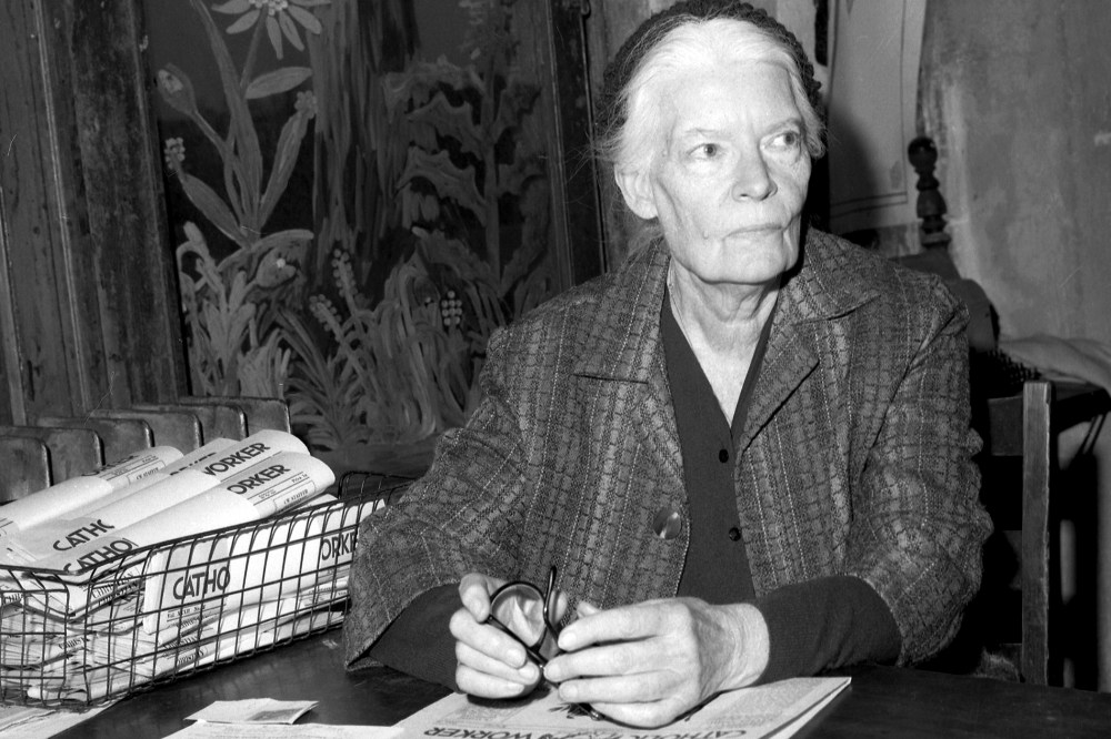 Dorothy Day, head of Catholic Worker, inside the worker office at 175 Christie St. (Photo by Judd Mehlman/NY Daily News/Getty)