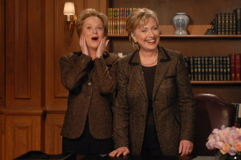 Senator Hillary Clinton delivers an "editorial response" to SNL's parody of this week's Democratic debate with Amy Poehler who plays Clinton on the show, March 1, 2008. (Photo by Dana Edelson/NBC/NBCU Photo Bank/Getty)