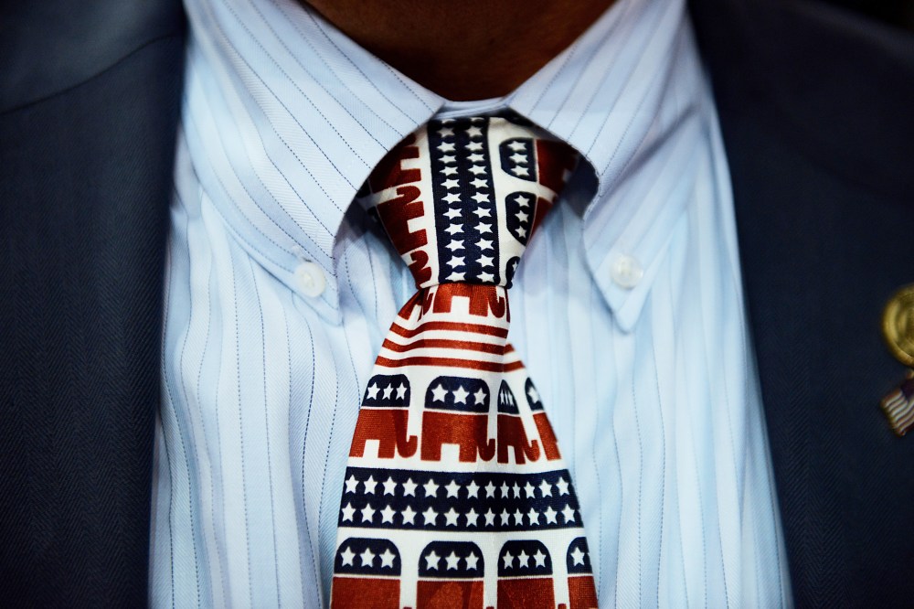 A tie decorated with elephant mascots at the Republican National Convention (RNC) in Tampa, Fla. (Photo by Daniel Acker/Bloomberg/Getty)