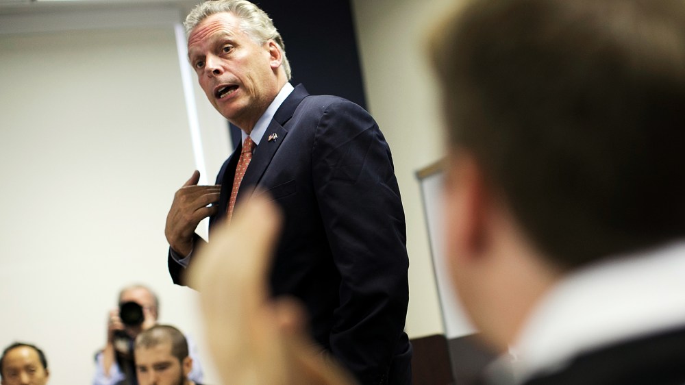Gov. Terry McAuliffe, then Democratic nominee, visits former Virginia Gov. Douglas Wilder's Public Policy class at Virginia Commonwealth University September 5, 2013 in Richmond, Virginia. (Photo by Win McNamee/Getty)