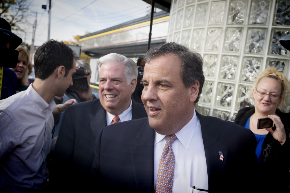 N.J. Governor Chris Christie (right) returns to the state of Maryland to campaign and support Republican Gubernatorial candidate Larry Hogan at the Honey Bee Diner in Glen Burnie, Md. on Oct. 28, 2014. (Photo by Marvin Joseph/The Washington Post/Getty)