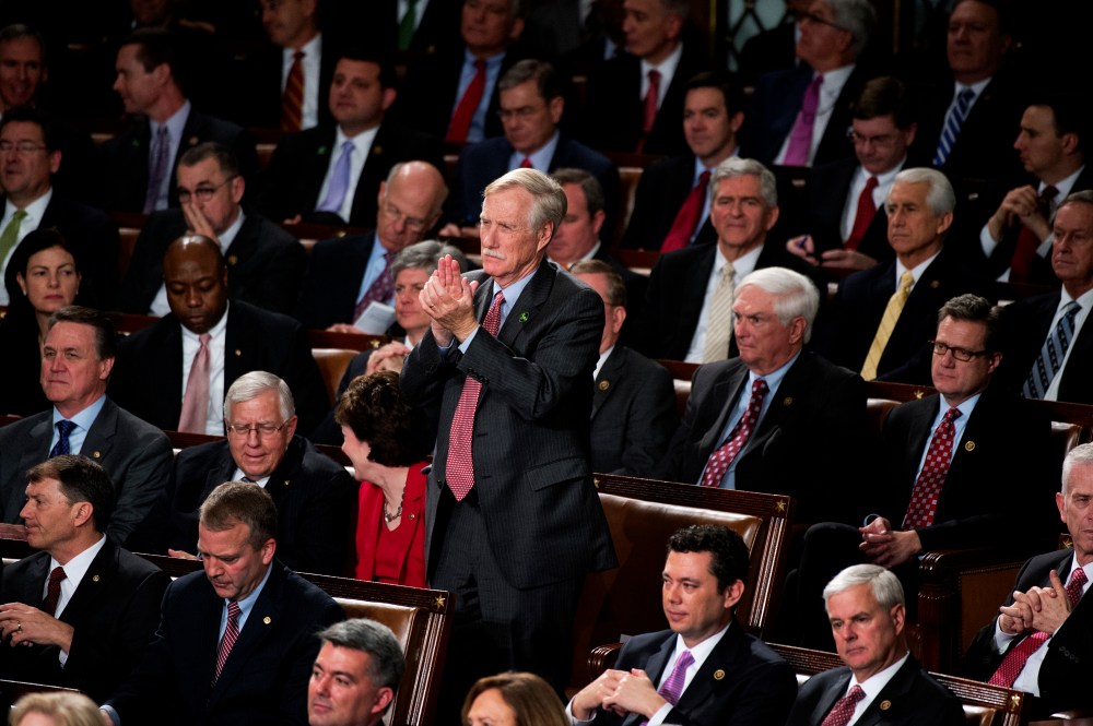 Sen. Angus King, I-Me., applauds in the Capitol's House chamber during President Barack Obama's State of the Union address, Jan. 20, 2015. (Photo By Tom Williams/CQ Roll Call/Getty)