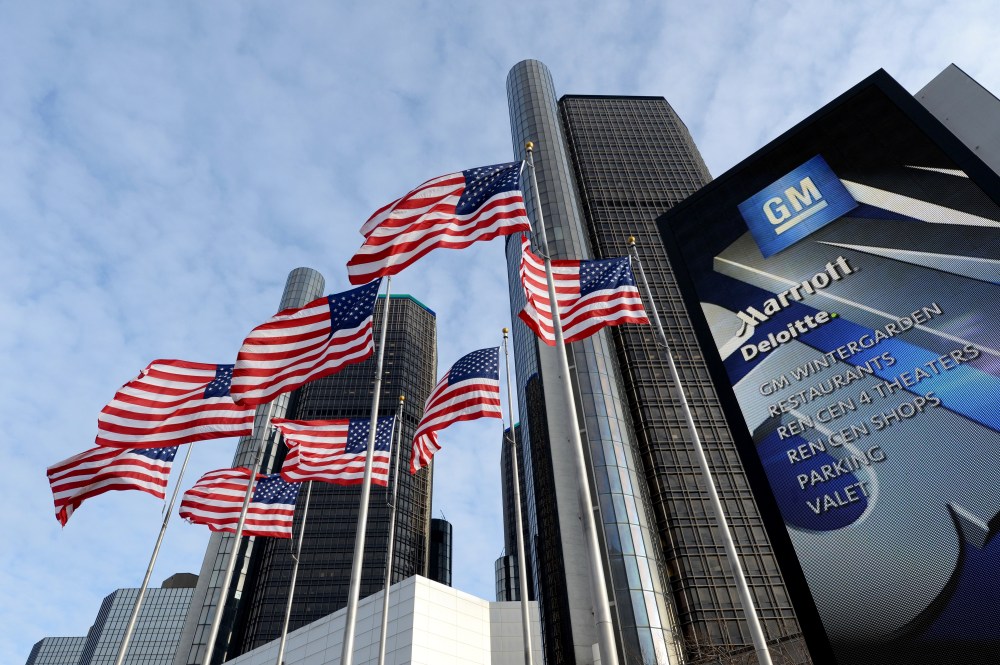 General Motors headquarters in the Renaissance Center are seen on Jan. 14, 2014 in Detroit. (Photo by Stan Honda/AFP/Getty)
