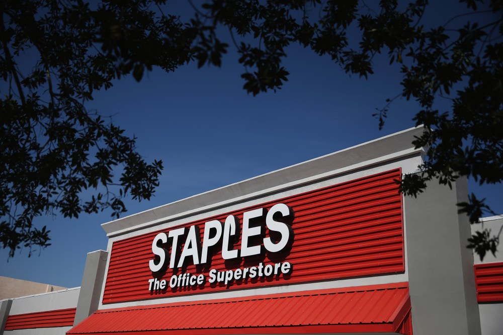 The sign logo for a Staples store is seen on Feb. 3, 2015 in Miami, Fl. (Photo by Joe Raedle/Getty)