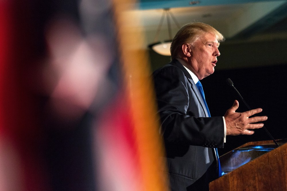 Donald Trump speaks during the Republican Society Patriot Dinner at the Citadel Military College on Feb. 22, 2015 in Charleston, S.C. (Photo by Richard Ellis/Getty)