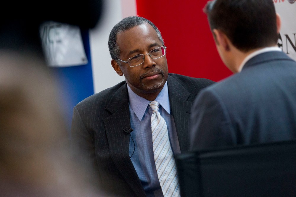 Ben Carson listens to a question during an interview during the Conservative Political Action Conference (CPAC) in National Harbor, Md. on Feb. 26, 2015. (Photo by Andrew Harrer/Bloomberg/Getty)