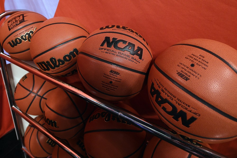 Wilson NCAA basketballs are seen at Lucas Oil Stadium on April 3, 2015 in Indianapolis, Ind. (Photo by Lance King/Getty)