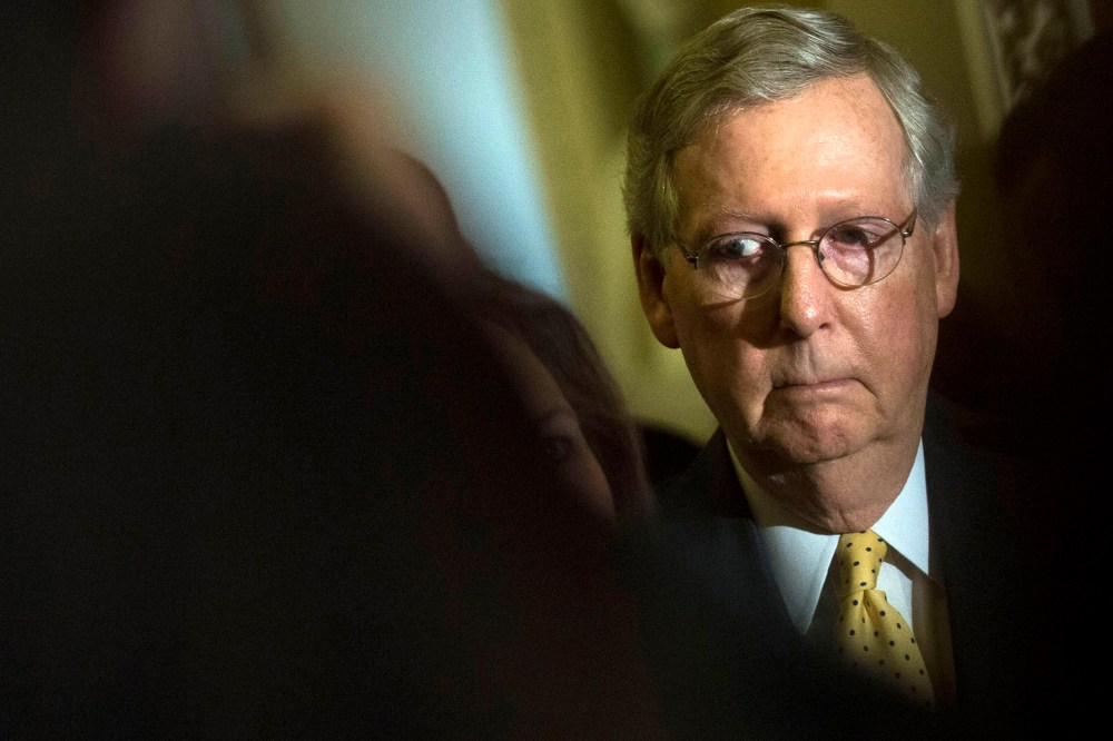 Senate Majority Leader Mitch McConnell (R-KY) waits to speak during a news conference on Capitol Hill, April 28, 2015 in Washington, D.C. (Photo by Drew Angerer/Getty)