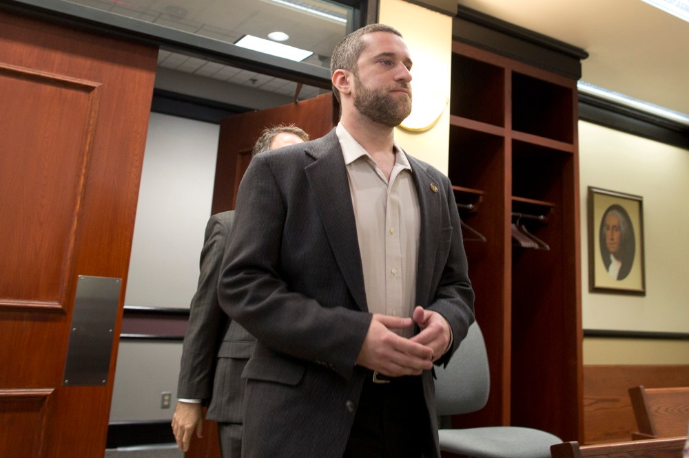 Dustin Diamond enters the courtroom during his trial in the Ozaukee County Courthouse in Port Washington, Wis. on May 29, 2015 (Photo by Jeffrey Phelps/Getty).