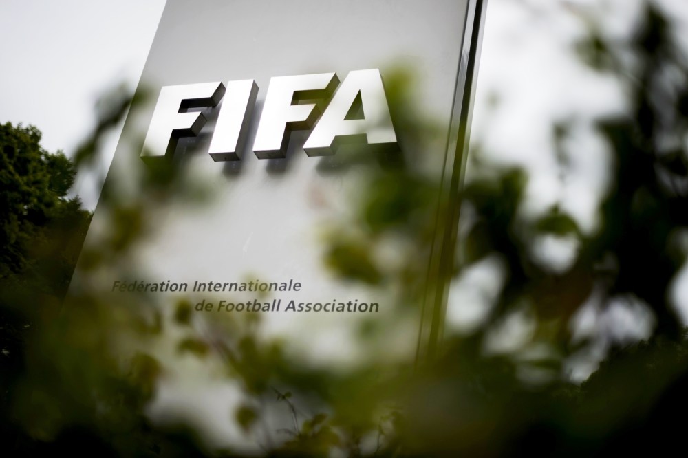 A sign at the World football governing body FIFA's headquarters in Zurich on May 30, 2015. (Photo by Fabrice Coffrini/AFP/Getty)