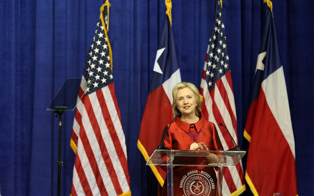 Hillary Clinton at the Inaugural Barbara Jordan Gold Medallion Awards at Texas Southern University, June 4, 2015. She urged swift action to restore the Voting Rights Act and replace provisions struck down by the Supreme Court. (Photo by Thomas Shea/Getty)