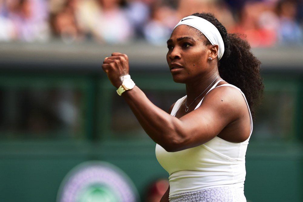 Serena Williams celebrates a point during her match on day five of the Wimbledon Lawn Tennis Championships at the All England Lawn Tennis and Croquet Club on July 3, 2015 in London, England. (Photo by Shaun Botterill/Getty)