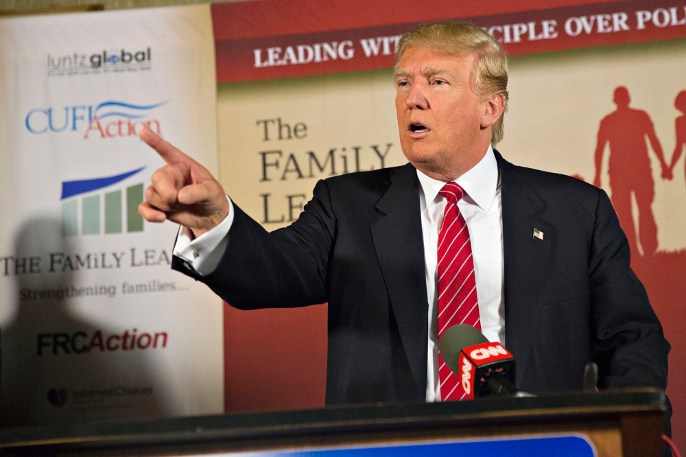 Donald Trump speaks during a press conference at The Family Leadership Summit in Ames, Iowa on July 18, 2015. (Photo by Daniel Acker/Bloomberg/Getty)
