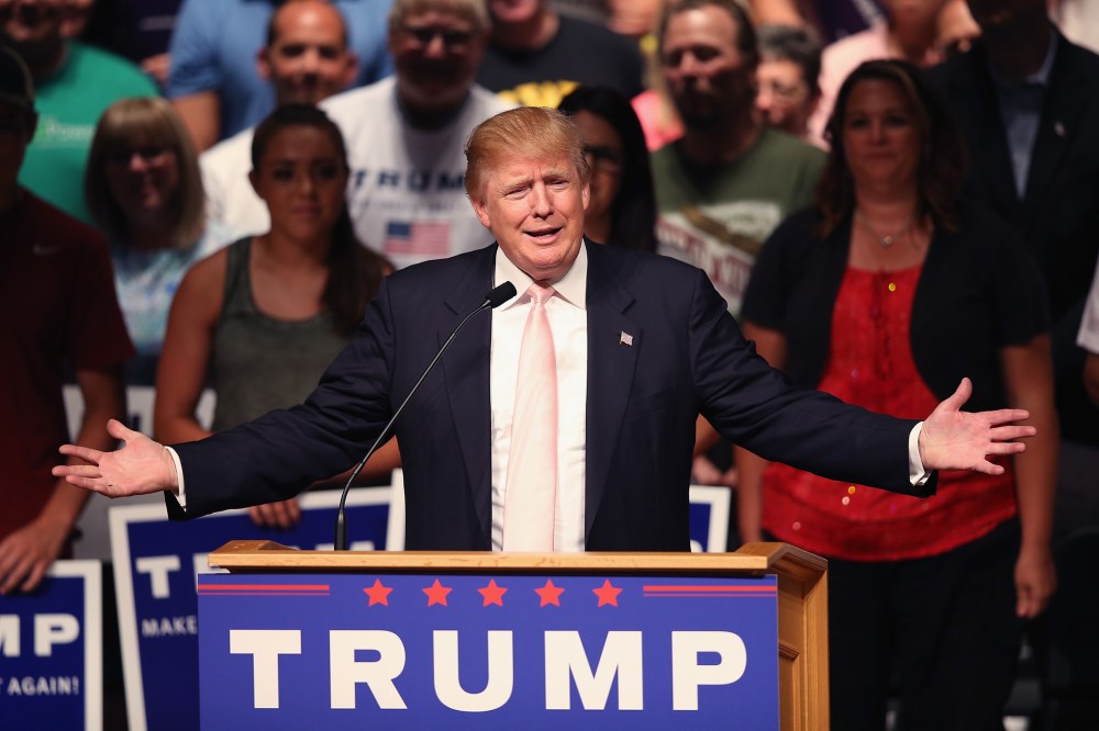 Republican presidential hopeful businessman Donald Trump speaks to guests gathered for a rally on July 25, 2015 in Oskaloosa, Iowa. (Photo by Scott Olson/Getty)