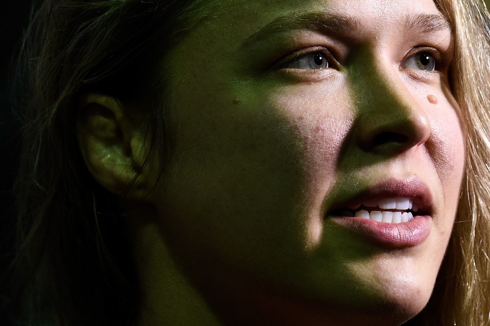 UFC Champion Ronda Rousey speaks to media on Aug. 4, 2015 in Rio de Janeiro, Brazil. (Photo by Buda Mendes/Zuffa LLC/Zuffa LLC/Getty)
