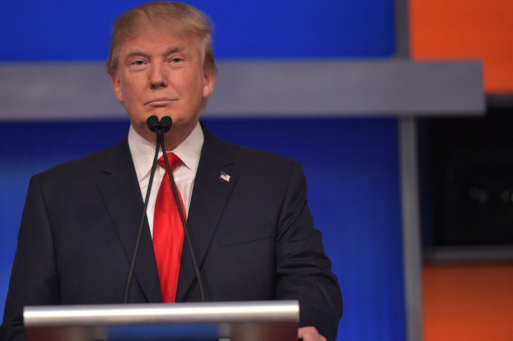 Real estate tycoon Donald Trump participates in the first Republican presidential primary debate on Aug. 6, 2015 at the Quicken Loans Arena in Cleveland, Ohio. (Photo by Mandel Ngan/AFP/Getty)