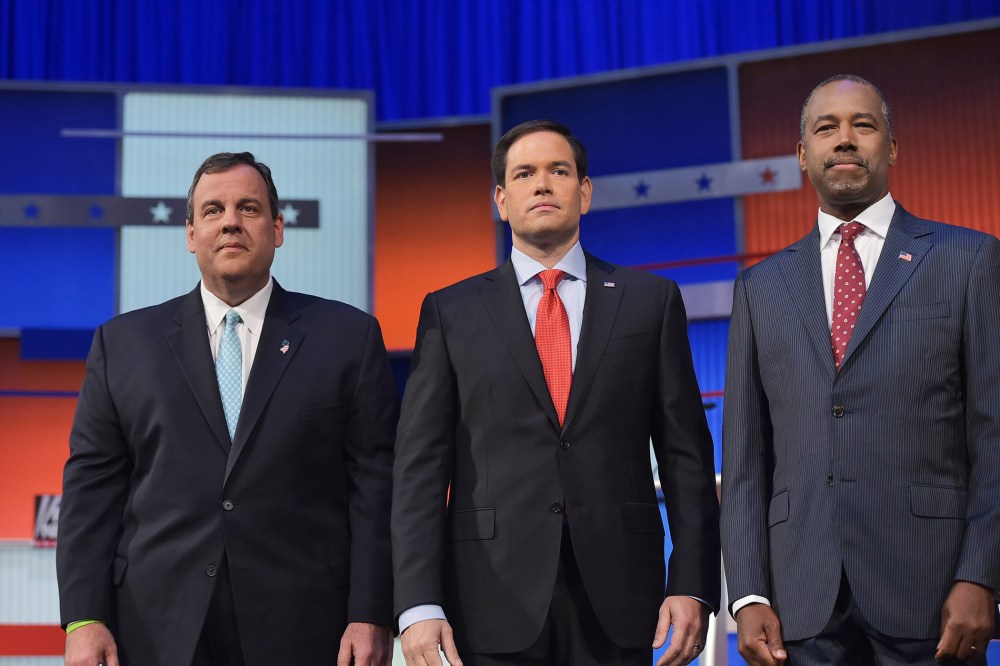 New Jersey Gov. Chris Christie, Florida Sen. Marco Rubio, and retired neurosurgeon Ben Carson participate in the Republican presidential primary debate on Aug. 6, 2015 at the Quicken Loans Arena in Cleveland, Ohio. (Photo by Mandel Ngan/AFP/Getty)